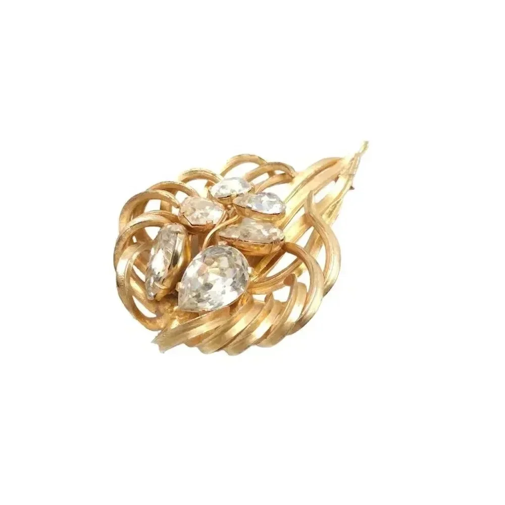 Crystal Textured Leaf Filigree Brooch Pin Gold Tone Vintage